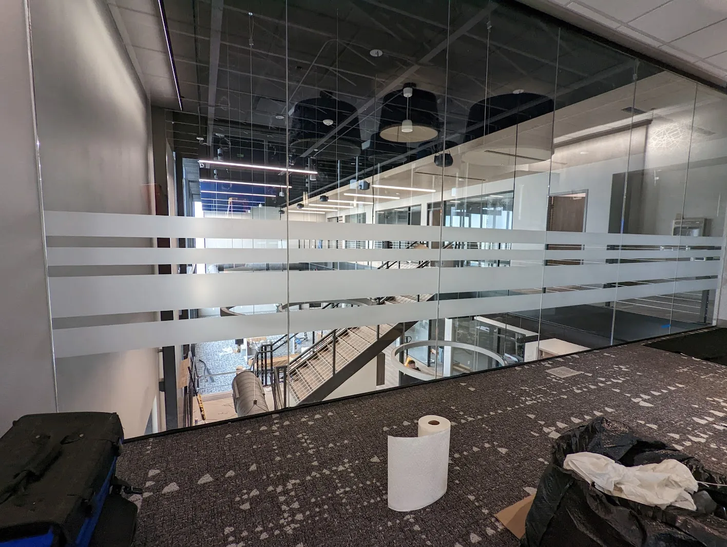 Office glass partition with frosted decorative stripe window film